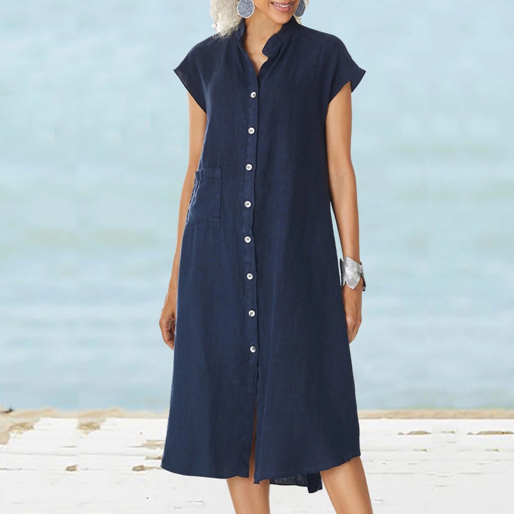 Casual Loose Linen Shirt Dress - Gaun Kemeja Hitam Kasual Wanita 2026