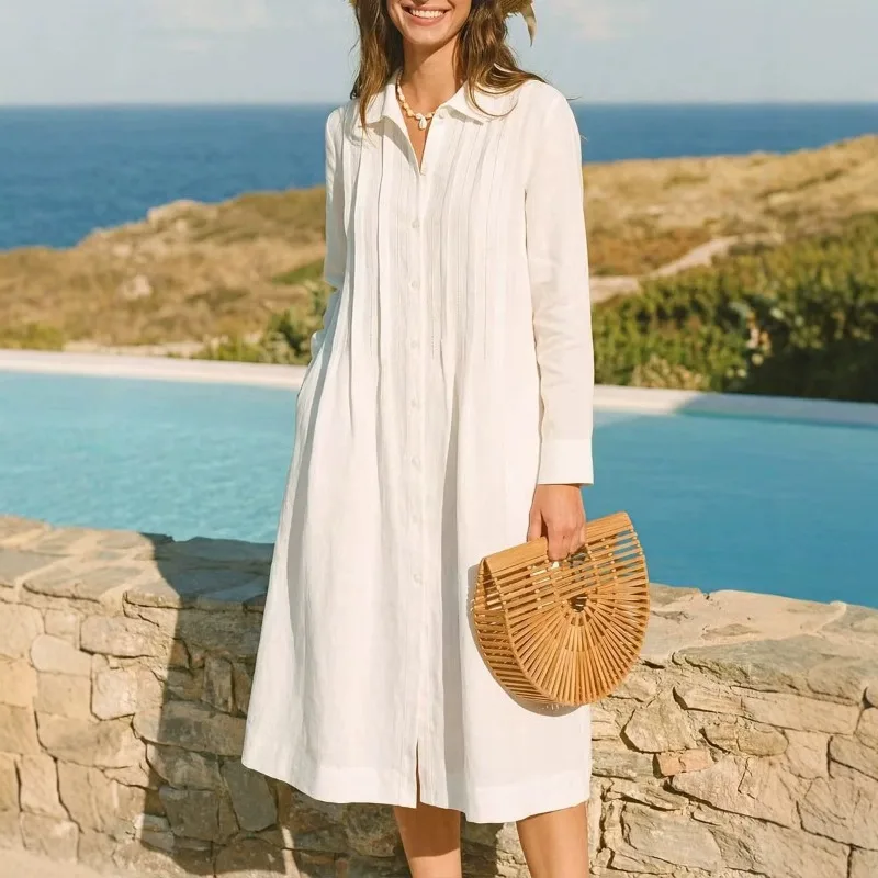 Casual Loose Linen Shirt Dress - Gaun Panjang Eropa Model Longgar Kasual