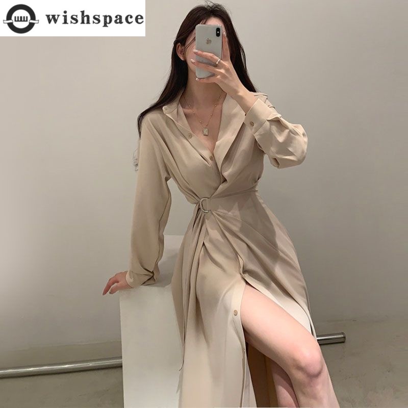 Korean Style A Line Shirt Dress - Gaun Gaya Kemeja Kerah Lengan Panjang