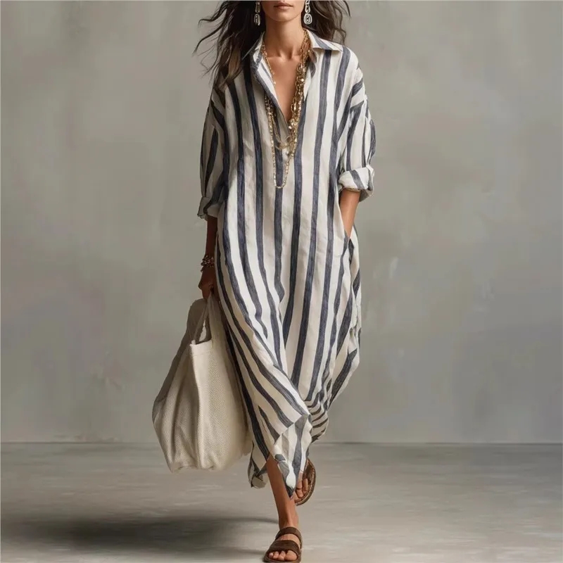 Casual Loose Linen Shirt Dress - Gaun Linen Kerah Turun Elegan, Gaun