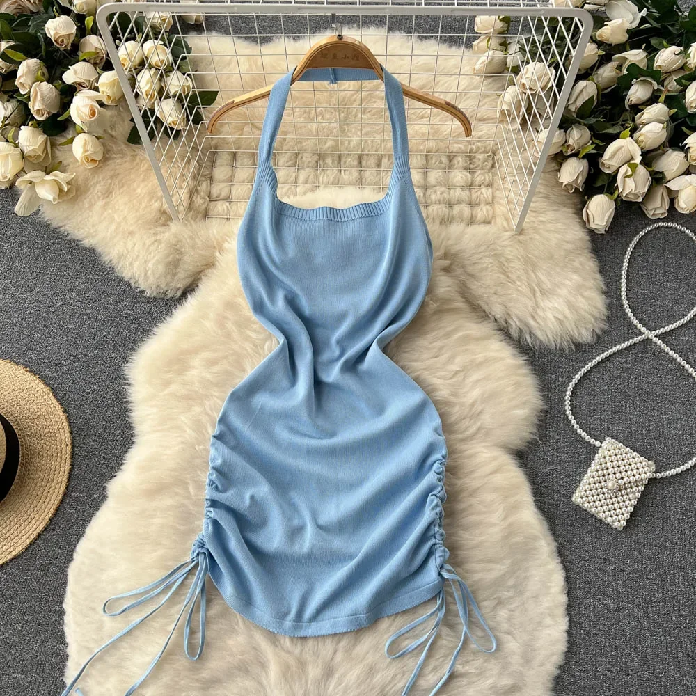 Y2K Backless Halter Mini Dress - Gaun wanita rajut polos Y2K mode