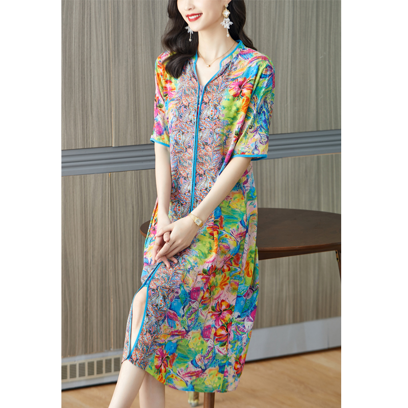 French Vintage Floral Midi Dress - Gaun Midi seksi leher V motif