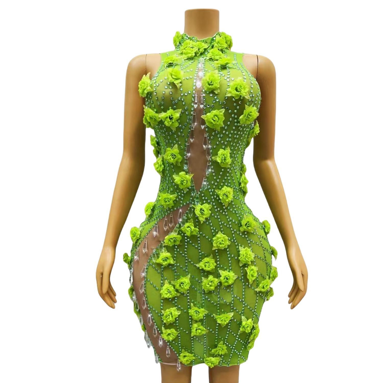 Sparkly Rhinestone Club Party Dress - Gaun Mini Bodycon Hijau Berlian Imitasi