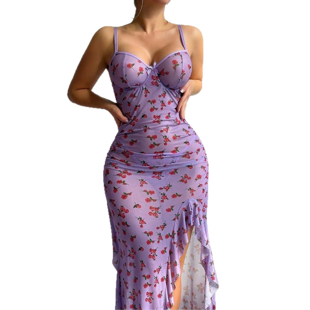 Sexy Mesh Sheer Bodycon Dress - Gaun Slip Berbahan Jaring Transparan, Ukuran