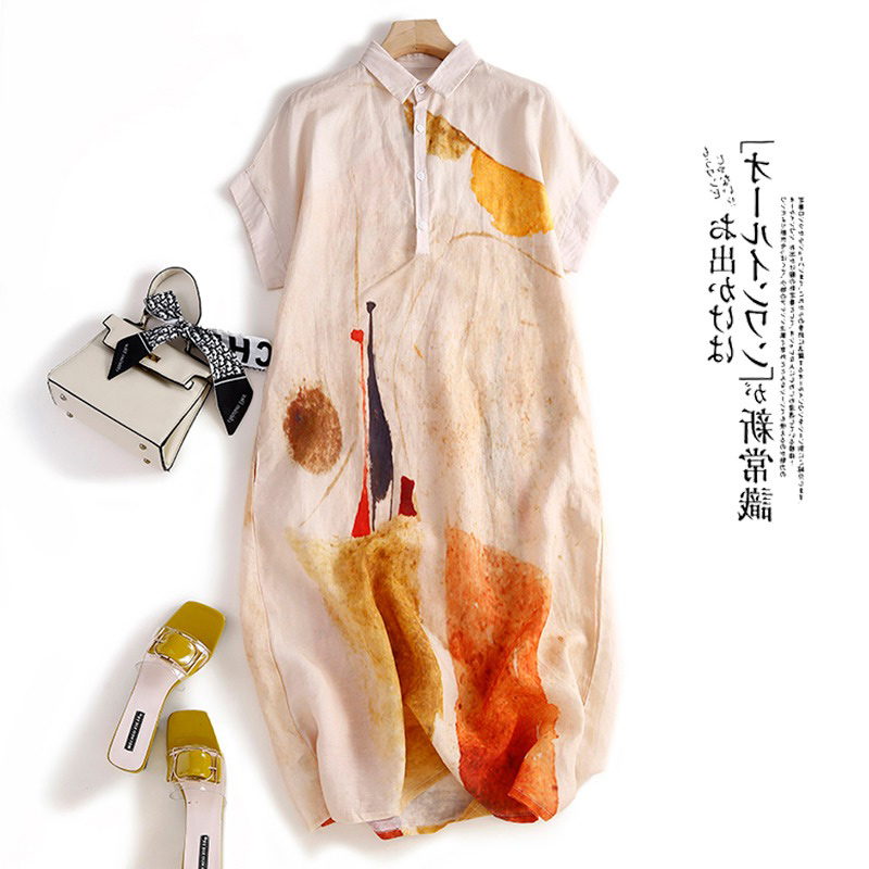 Casual Loose Linen Shirt Dress - Gaun Kemeja Katun Linen Kasual Wanita,