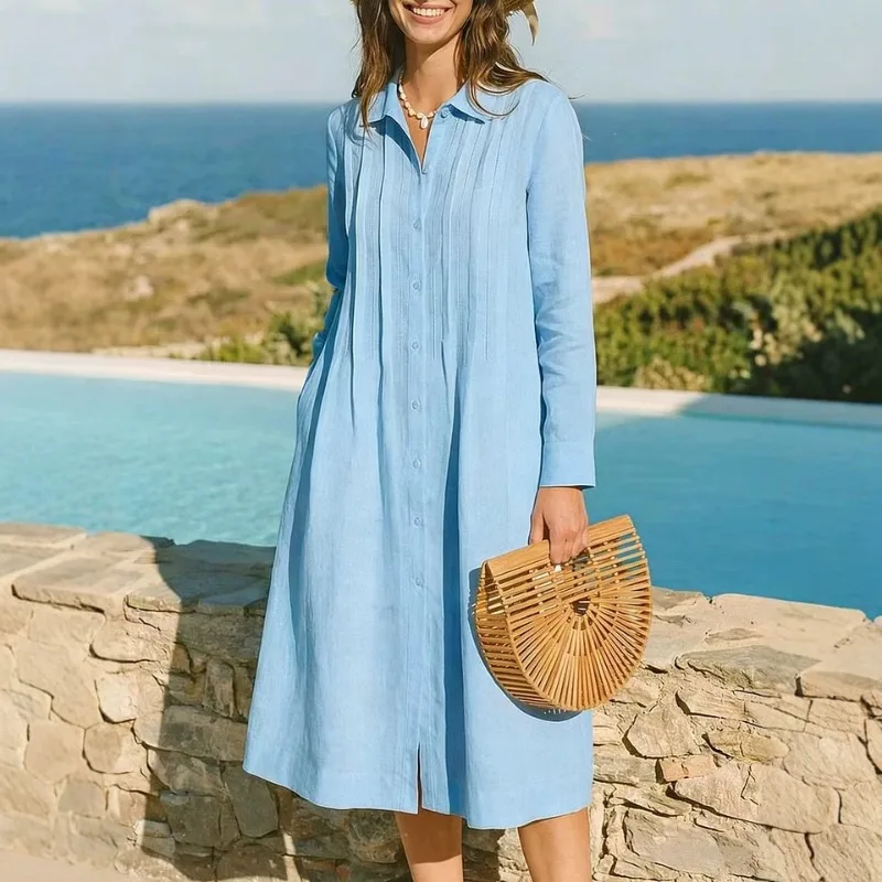 Gaun Panjang Eropa Model Longg - Casual Loose Linen Shirt Dress ulasan dan harga