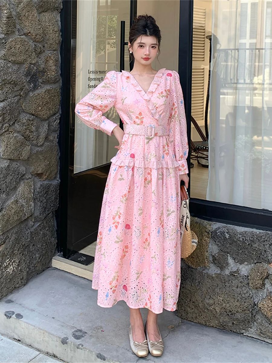 Gaun Midi Motif Bunga Lengan L - French Vintage Floral Midi Dress ulasan dan harga