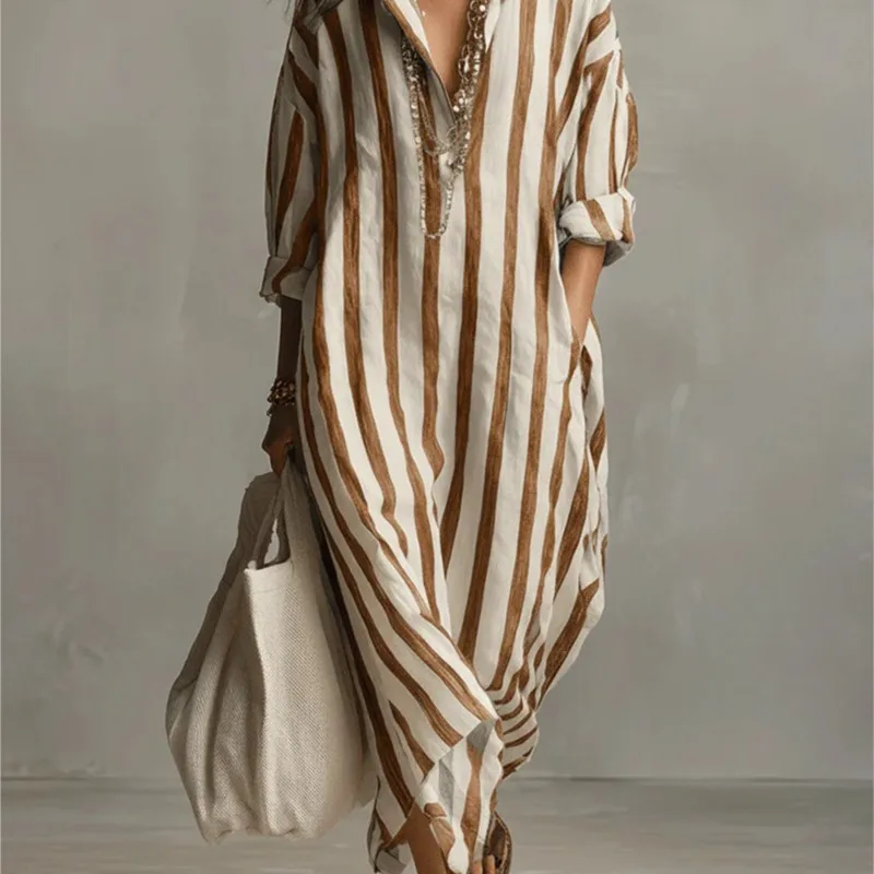 Gaun Linen Kerah Turun Elegan, - Casual Loose Linen Shirt Dress ulasan dan harga