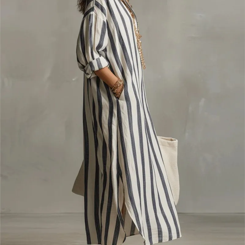Gaun Linen Kerah Turun Elegan, - Casual Loose Linen Shirt Dress ulasan dan harga