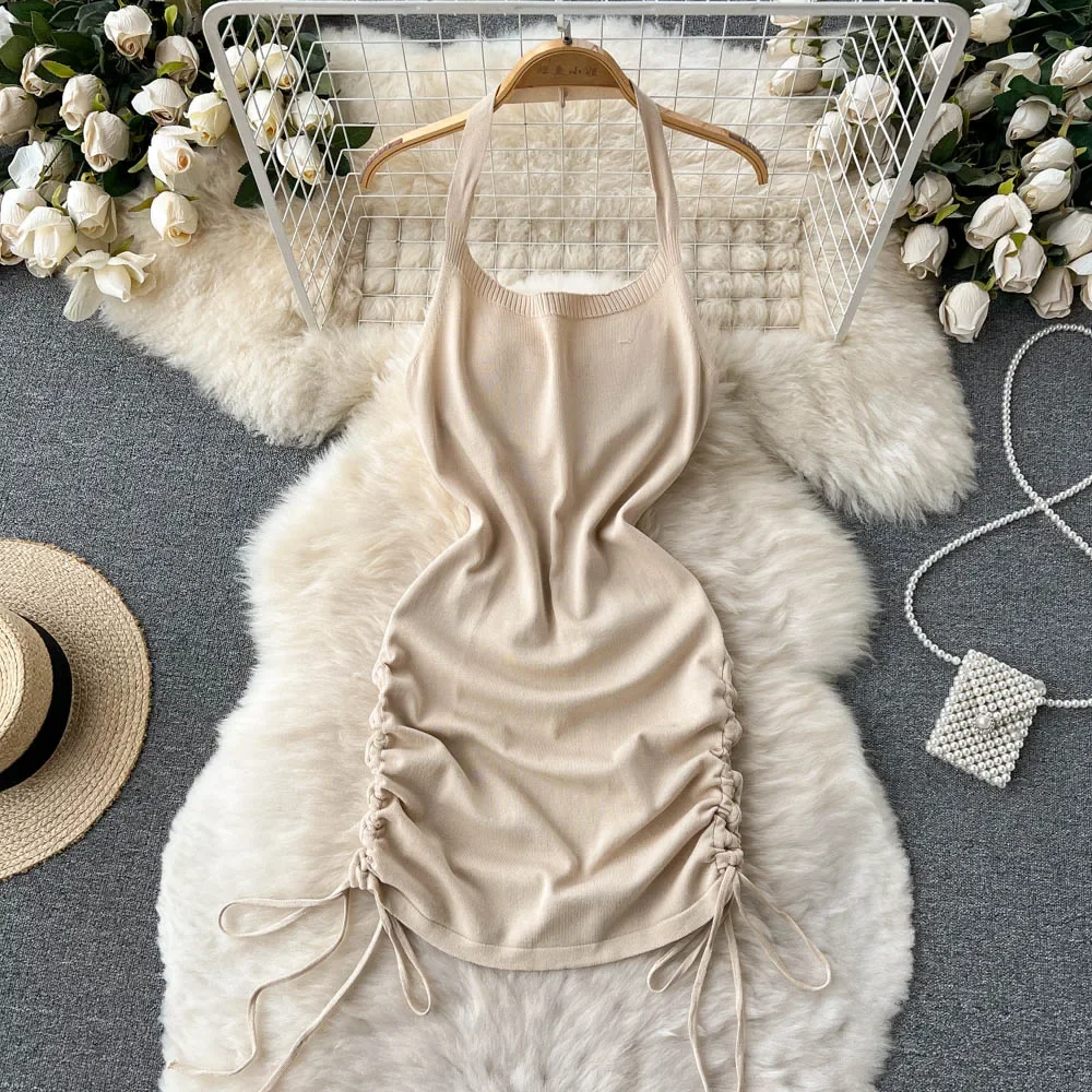 Gaun wanita rajut polos Y2K mo - Y2K Backless Halter Mini Dress ulasan dan harga
