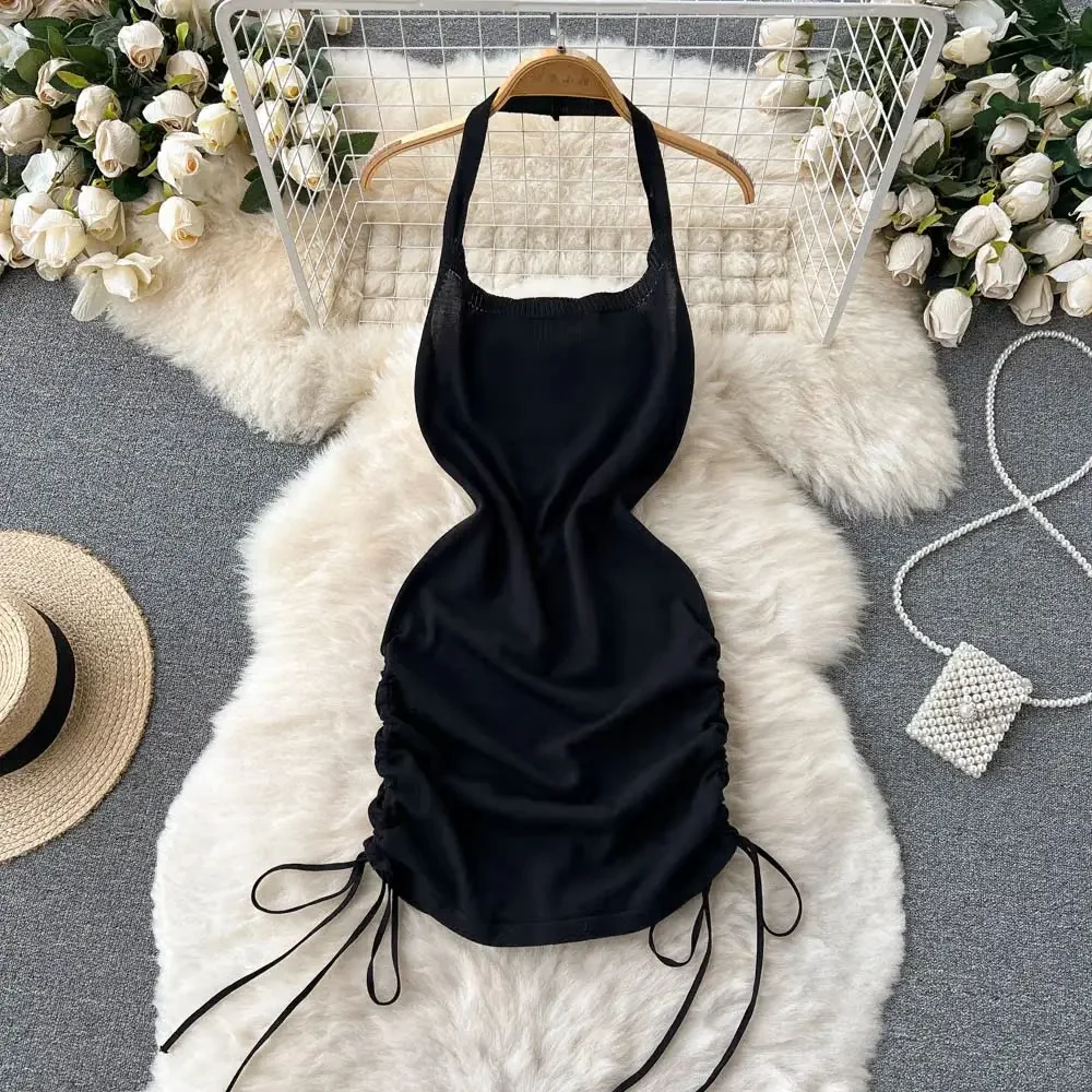 Gaun wanita rajut polos Y2K mo - Y2K Backless Halter Mini Dress ulasan dan harga