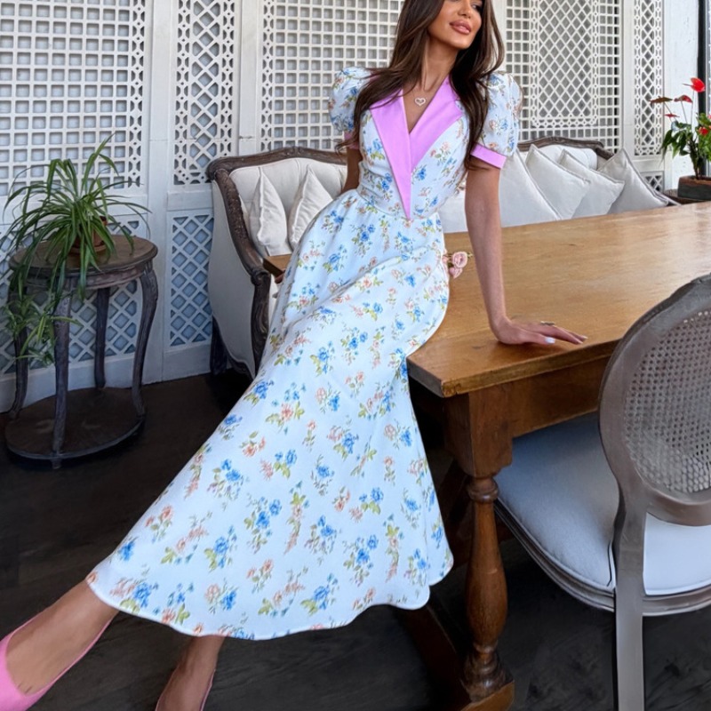 Gaun Midi Korset Motif Bunga M - French Vintage Floral Midi Dress ulasan dan harga